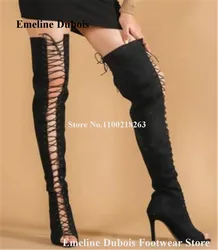 Black Long Boots Emeline Dubois Sexy Lace-up Peep Toe Suede Stiletto Heel Over Knee Boots Big Size High Heel Boots 47