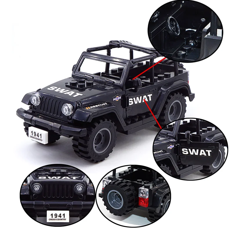 Military Jeeps Off-Road Armored Vehicle Car Model Weapons Guns Special Forces Police SWAT Gangster Soldier Building Block Toy