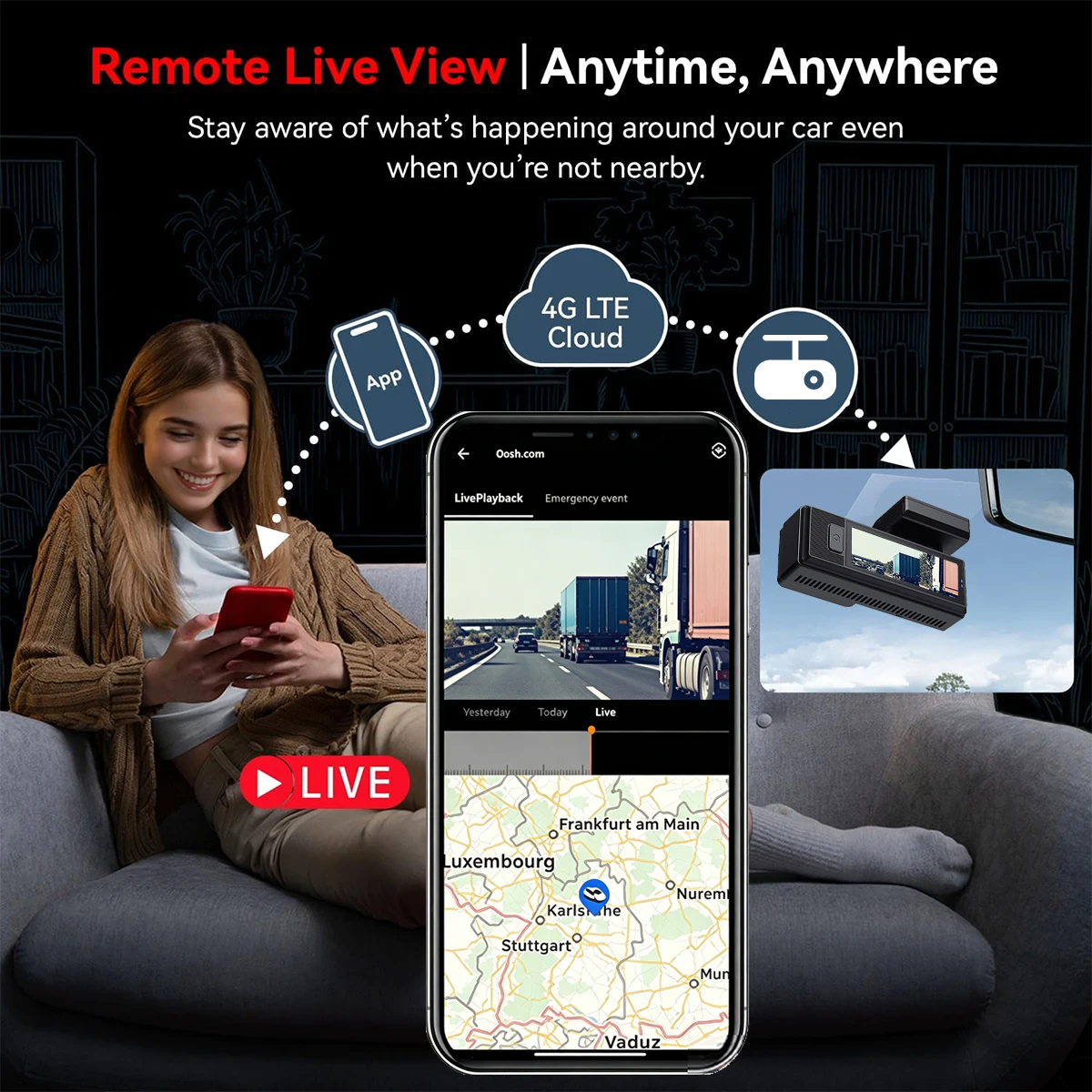 E-ACE 4K Dash Cam 4G Car Cameras Driving Trajectory/Electronic Fence/Collision Warning/Remote Playback/24-Hour Work Black Box