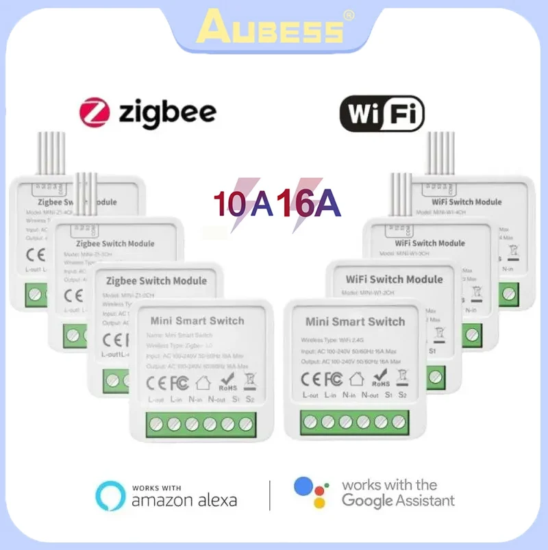 10A/16A Tuya WiFi Zigbee Mini DIY Breaker Mini Smart Light Switch Module Relay 1/2/3/4 Gang 2-way Control For Alexa Google Home