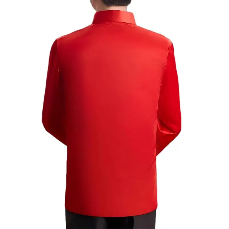 Traditional Chinese Style Men Red Wedding Coat Stand Collar Satin Tunic Suit Jacket Golden Dragon Jacquard Bridegroom Coat Loose