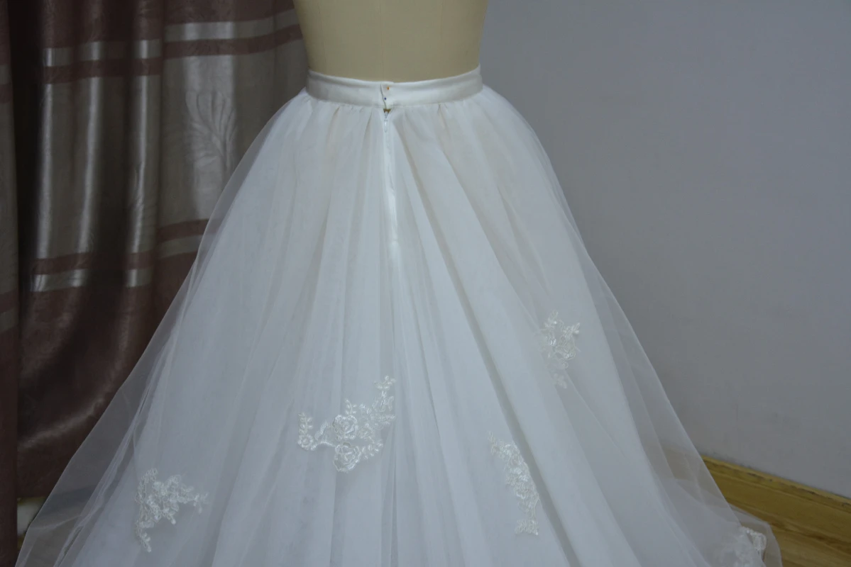 Vestidos de novia con apliques de encaje blanco, cola desmontable, falda extraíble de tul champán, tamaño personalizado, falda de boda con cremallera, talla personalizada