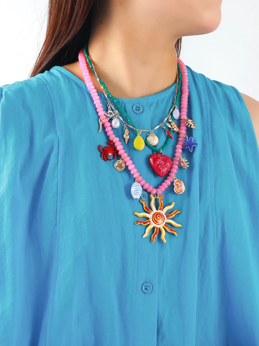 Collar de vacaciones en la playa multicapa para mujer, conchas marinas de moda, estrella de mar, concha, cuentas de arroz, accesorios de cangrejo en forma de corazón
