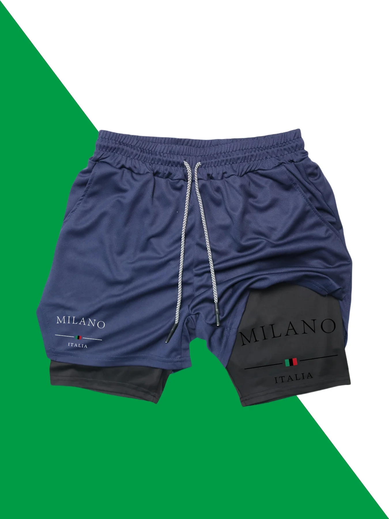 Pantaloncini sportivi da uomo 2 in 1 con stampa Milano Italia - Nero, doppio strato, cintura elastica, attrezzatura da allenamento per corsa e palestra