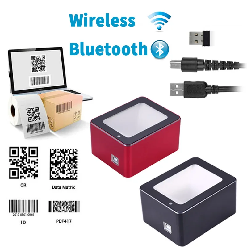 Scanner de codes-barres de bureau Bluetooth, USB 1D2D, plate-forme sans fil mains libres, lecteur de codes à barres de balayage automatique 2d, boîte de paiement