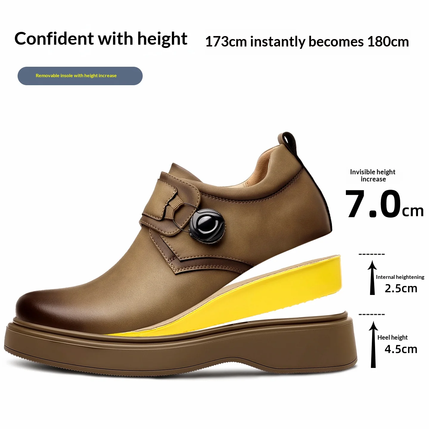 7CM Height Increasing Mens Business Casual Leather Shoes Commuter Dress Rotating Buckle Office Comfortable Lift Elevator Shoes