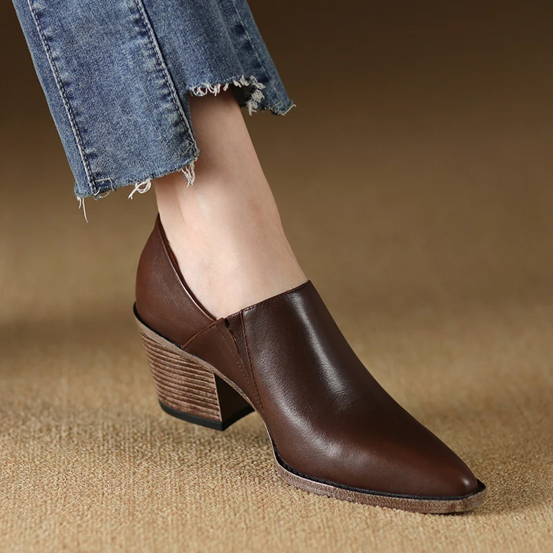 

Thick Heels Spring Autumn Lady Vintage Pumps Slip On Daliy Shoes Cozy Med Heels French Style Women Cowhide Shoes On Heel 6CM