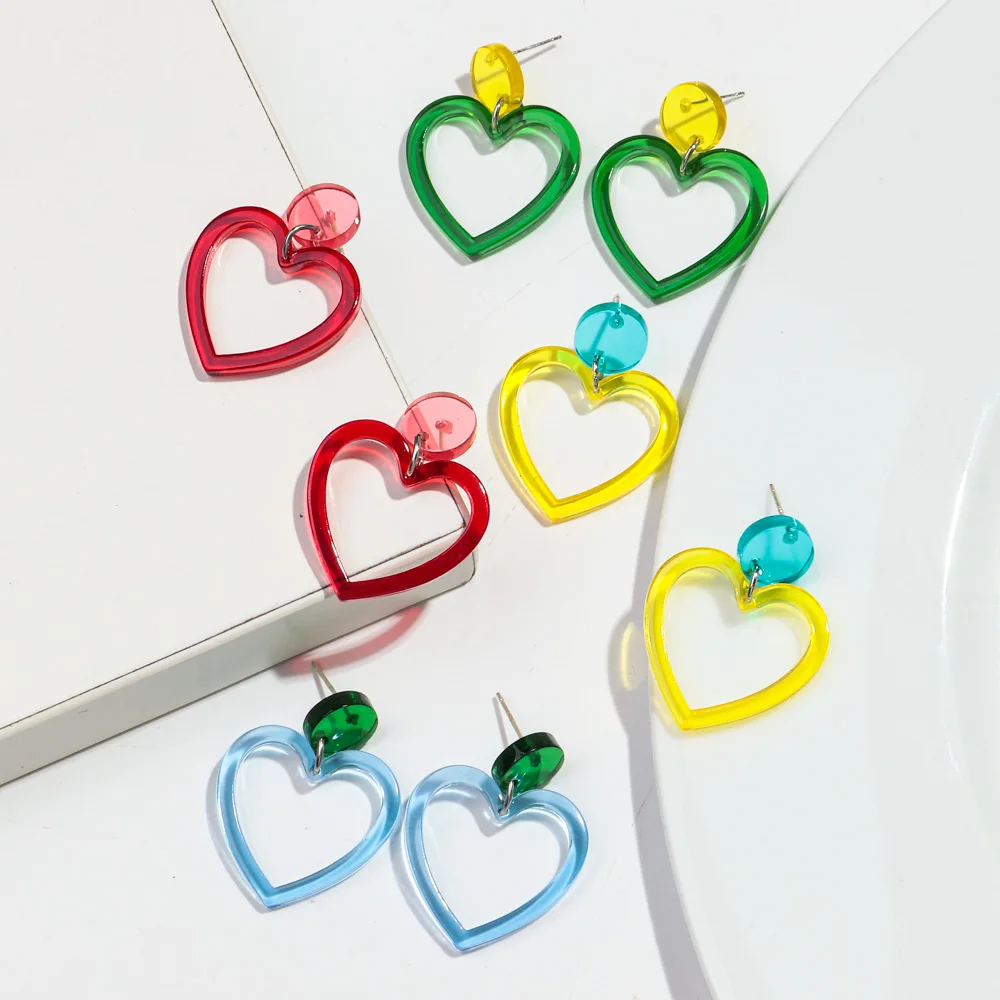 New Fashion Acrylic Clear Colorful Heart Drop Earring for Women Neon Color Geometric Heart Shape Earrings 2024 Party Jewelry