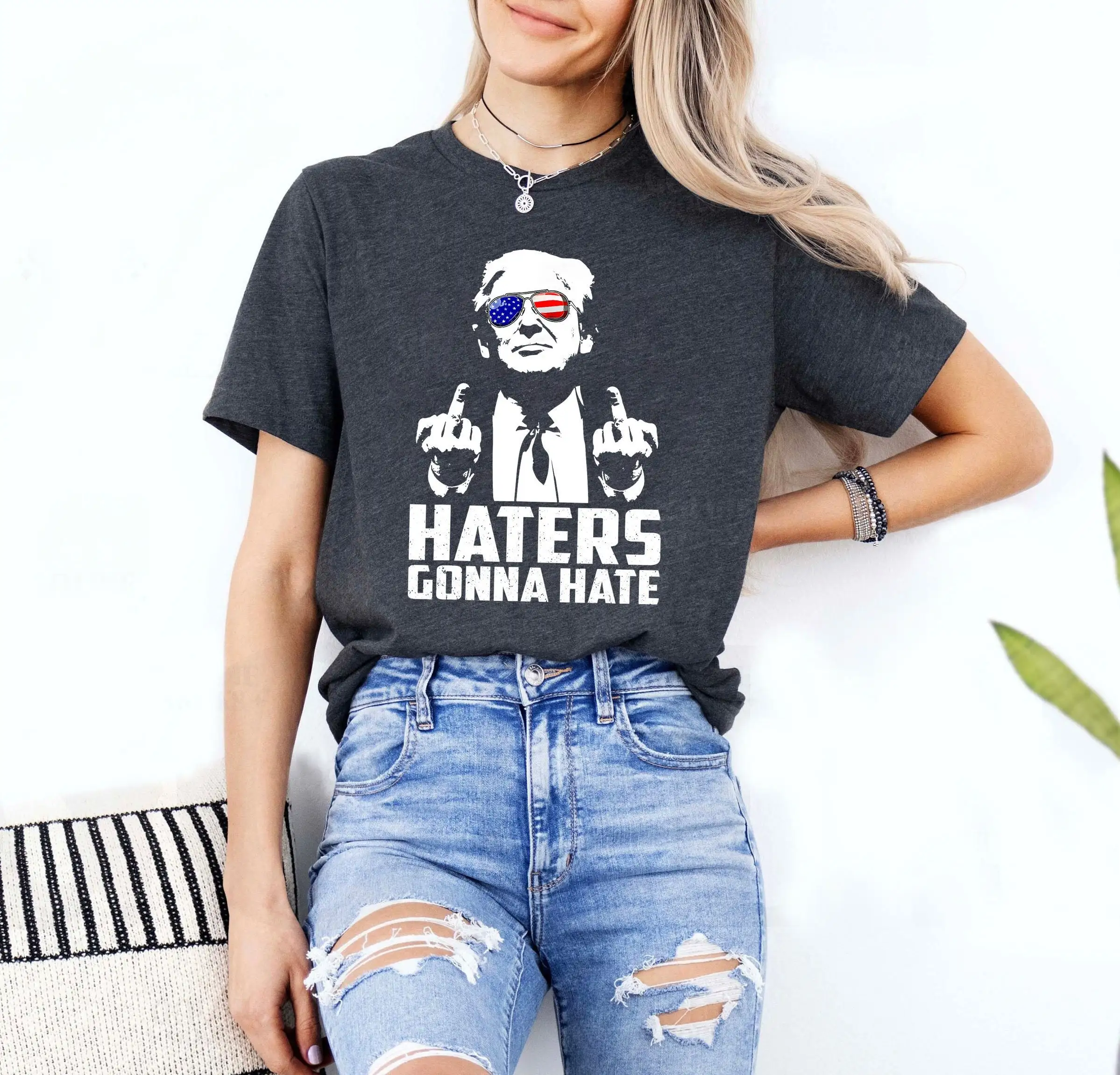 Funny Haters Gonna Hate President Donald Trump Middle Finger T Shirt America American Patriotic