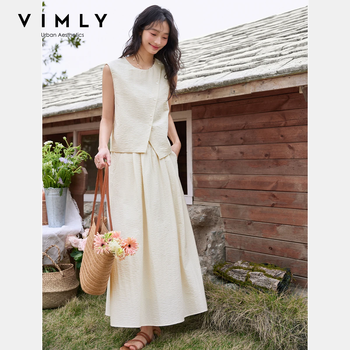 

VIMLY Elegant Summer Skirt Set Women's Suit Vacation Outfit Ladies 2025 Sleeveless Slit Top A Line Maxi Skirt Clothing Set M9726