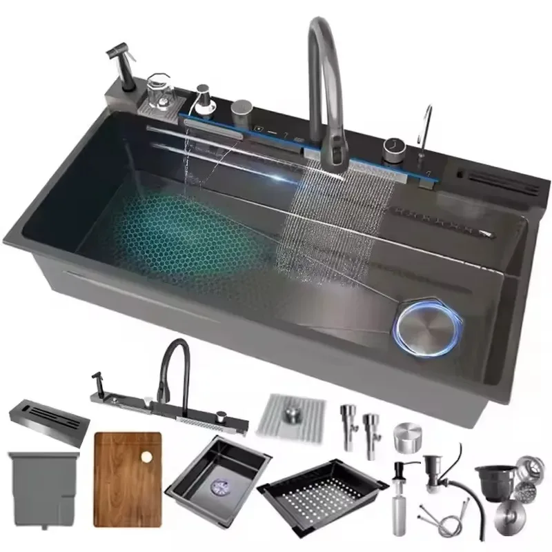 STLF 100Cm Large Modern Chinese Luxury Handmade Four Hole Multifunctional 304 Stainless Steel Smart Waterfall Single Sink