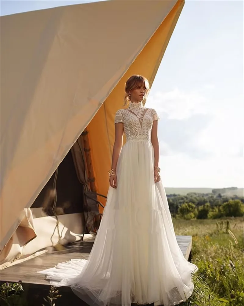 

Customzied Boho Lace Tulle High Neck Wedding Dress A-Line Bohemian Bridal Gown Vintage Robe De Mariée Vestido De Noivas