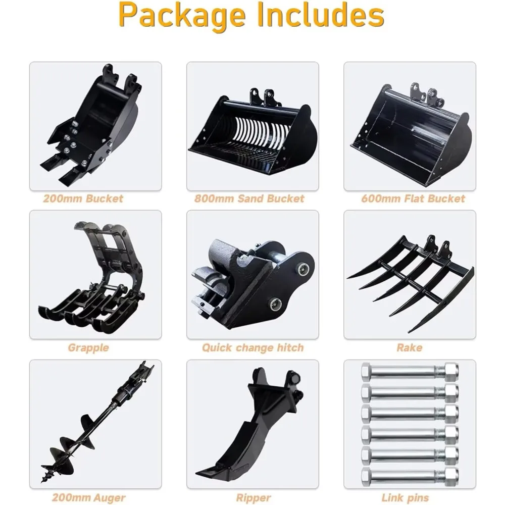 Mini Excavator Spare Attachments with Narrow Bucket Ripper Rake Auger Grapple Quick Hitch Screening Bucket Accessories Kit