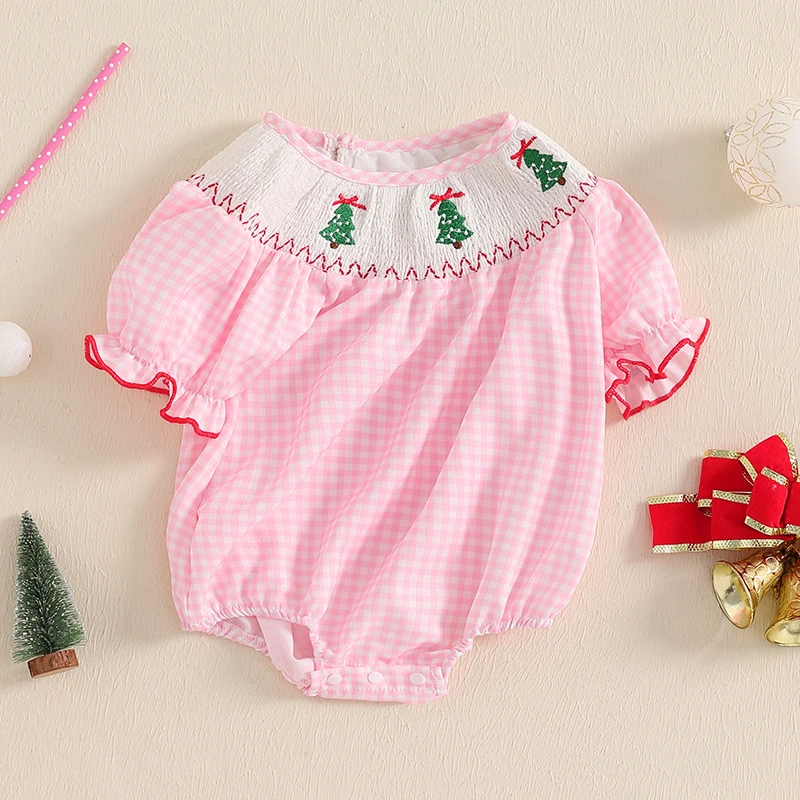 Toddler Baby Girl Christmas Smocked Outfit Gingerbread Man/Christmas Tree/Santa Claus Short Sleeve Bubble Romper