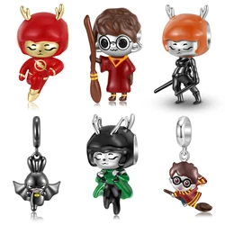 JIUHAO 925 Sterling Silver Cartoon College Glasses Boy Elk Girl Fighter Pendant Charms for Women DIY Making Bracelet Bangle