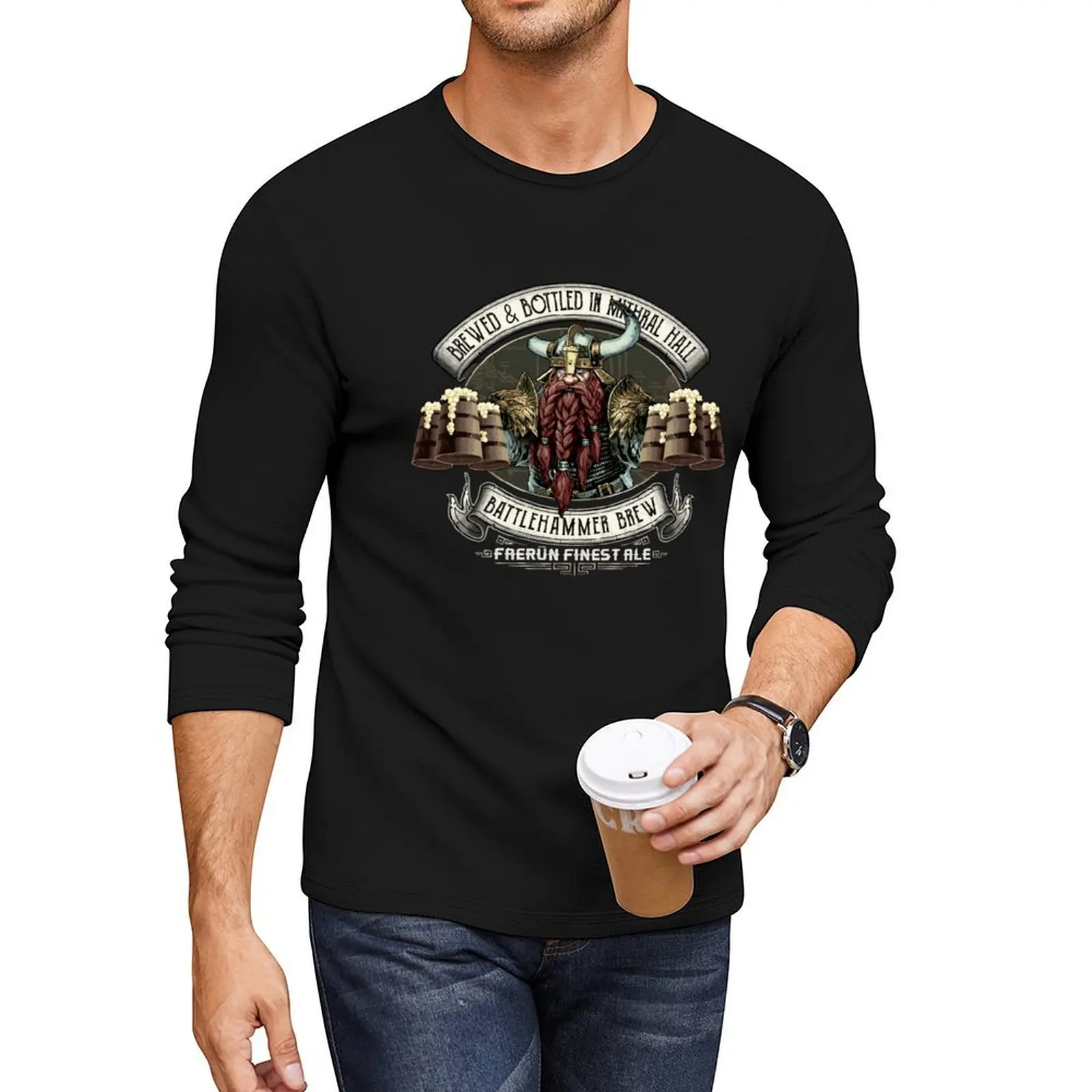 Mithral Hall Battlehammer Brew Bruenor Faerun Dwarf Fourthpeak Frost Hills Long T-Shirt sweat shirts mens clothing