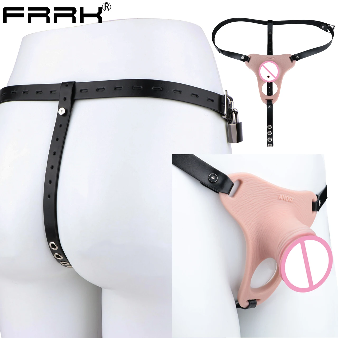 FRRK Lockable Harness Silicone Male Chastity Cage Belt Hollow Dildo Penis Extender Cock Sleeve Extension Consoladores Sextoys