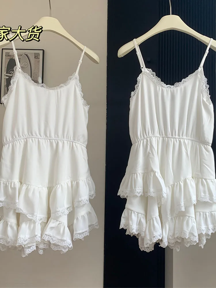 Mori Girl Spaghetti Strap Dress Sleeveless Fashion White One-Piece Frocks Backless Vestidos Temperament Lace Sundress Simple Y2K