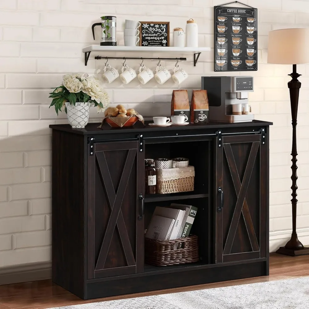 

Coffee Bar Cabinet with Sliding Barn Doors, 42” Sideboard Buffet Cabinet with Storage, Farmhouse Coffee Bar Station Table Liquo