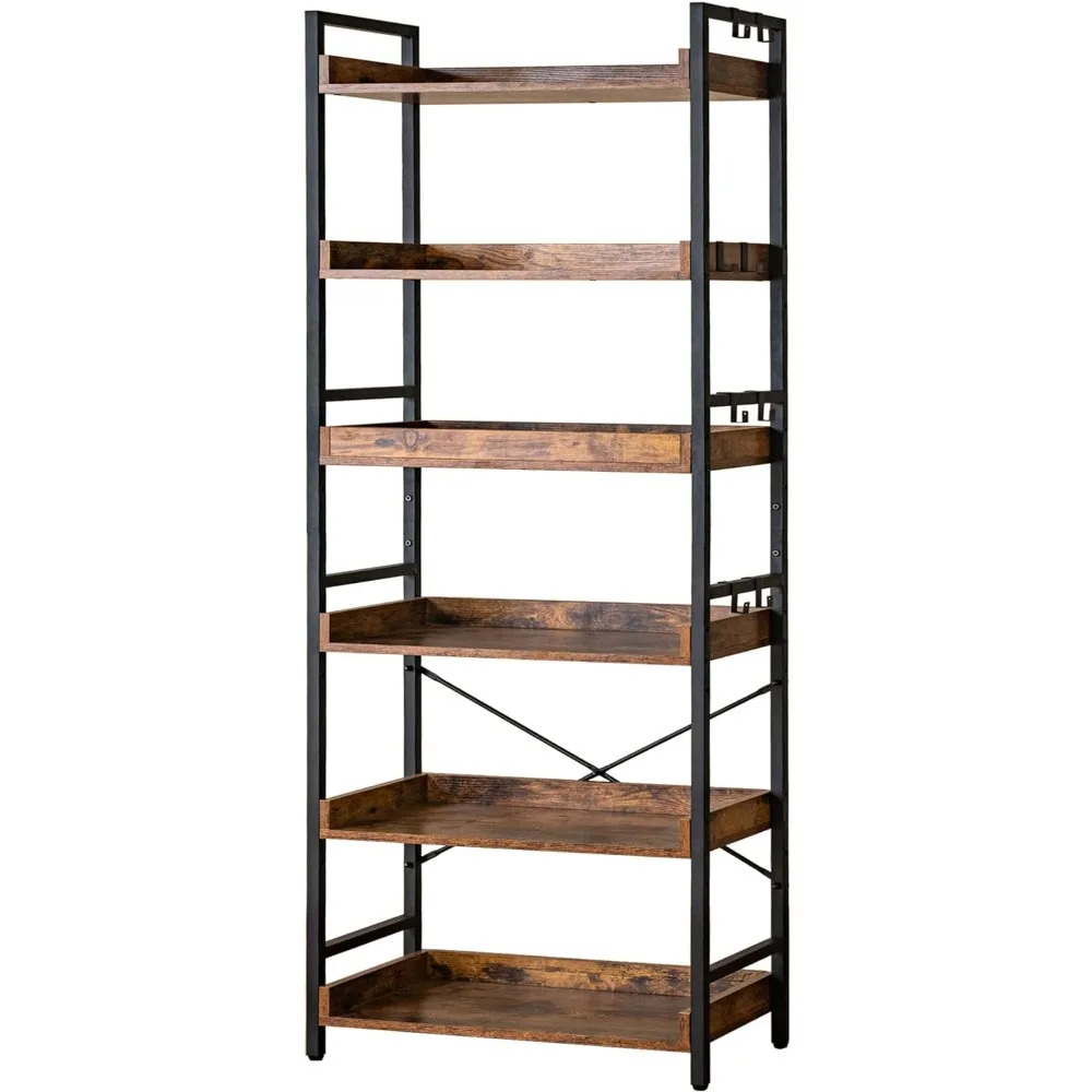 

6 Tier Open Bookcase, Rustic Farmhouse Book Shelves, Industrial Wood and Black Metal Bookshelves, Mid Century