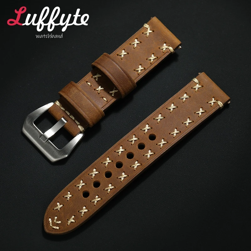 

Retro Handmade Leather Watchbands 20mm 22mm 24mm Thick Watch Strap Women's and Men's Stainless Steel Buckle Wrist Belt