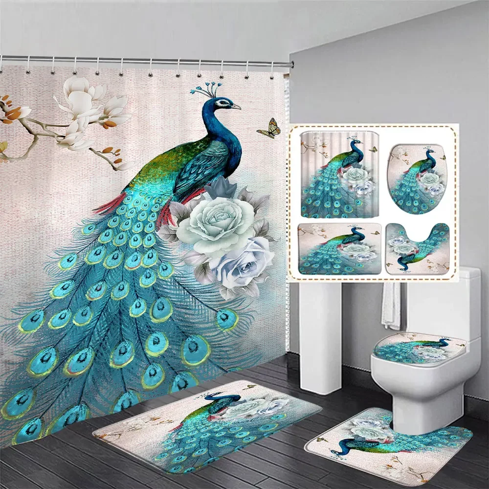 Peacock Bathroom Set With Shower Curtain and Rug Chinese Bird Feather Home Decor Curtain Non-slip Rug Toilet Seat Bathroom Decor