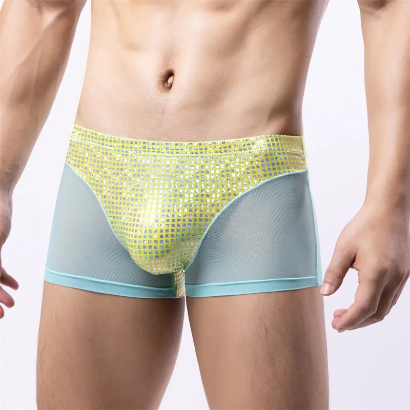 

Men's Sexy Boxers Underwear Taste Mesh Patchwork Shinning Low Waist Men Lingerie Homewear Underpants Trunks