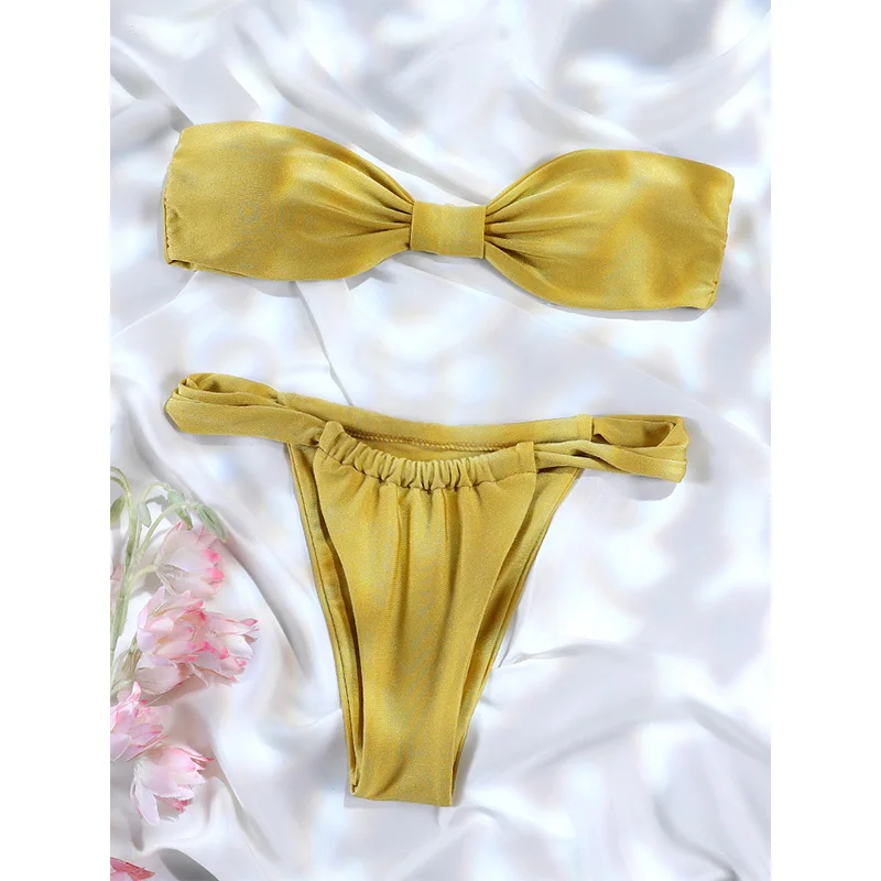 Rinabe Women's Swimsuit Solid Biquinis Off Shoulder Bikinis Women Low Waist Swimwear Pleated Bathing Suit Female Bikini Sets