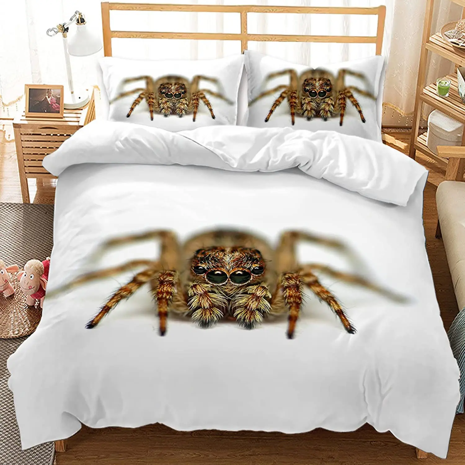 

3D Print White Jumping Spider Duvet Cover Set Microfiber Comforter Cover King Queen Full Size With Pillowcase For Boys Men Teens