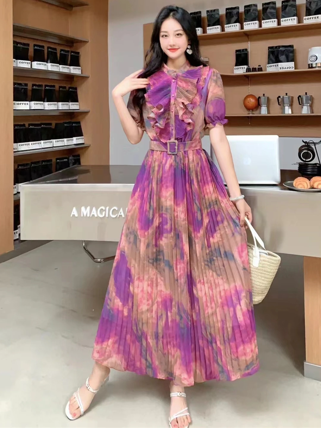 2024 New Summer Women O-Neck Short Sleeve Belt Slim Long Dress Fashion Tie Dye Sweet Ruffles Pleated Big Hem Chiffon Dress