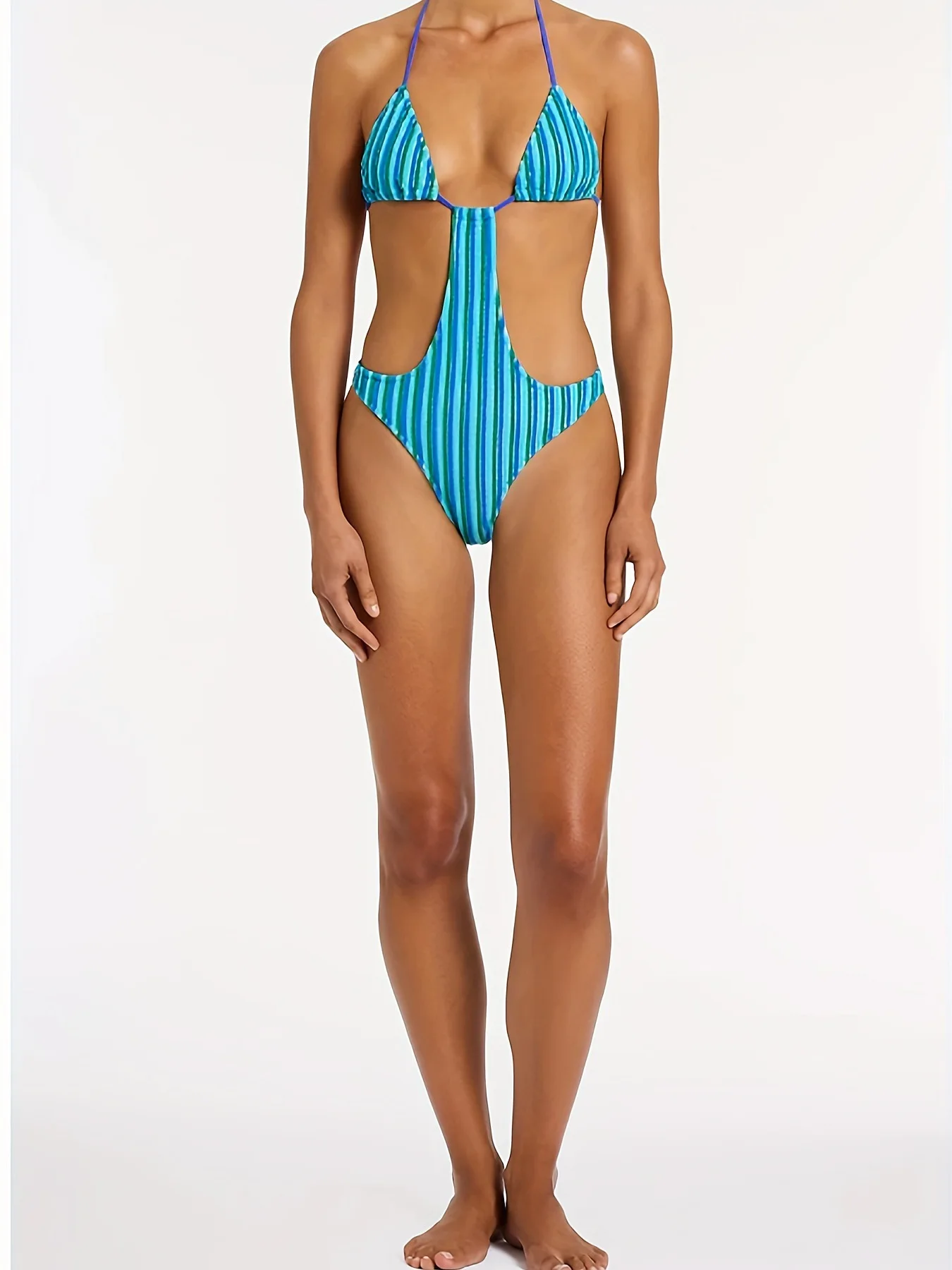 Sexy One-Piece Bikini Adjustable Tie-Side Monokini Swimsuit Summer Open Back Stripe One Piece Bodysuit Blue Swimming Clothings