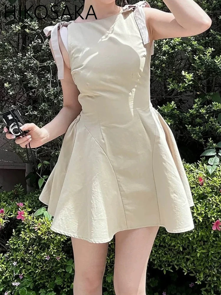 

Sweet Bow Lace Up Sleeveless Tank Robe Slim Waist A-line Solid Casual Short Dress Women 2025 New Summer Chic All-match Vestidos