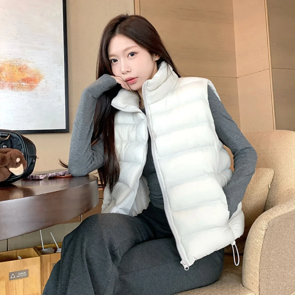 Women Casual Daily Stand Collar Padded Vest Simple Versatile Sleeveless Zip Up Quilted Short Gilet Winter Warm Outerwear