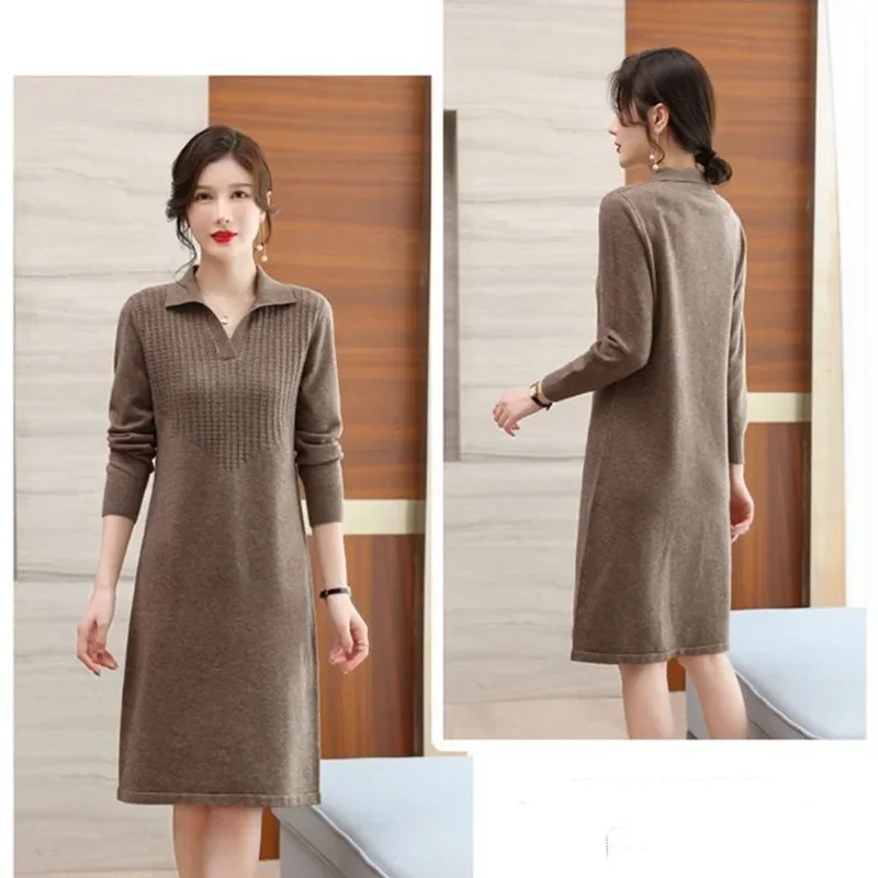 

Oversize Women Knitting Sweater Dress For Spring Autumn 2023 New Casual Turn Collar Pullover Solid Patchwork Slim Female Dresses