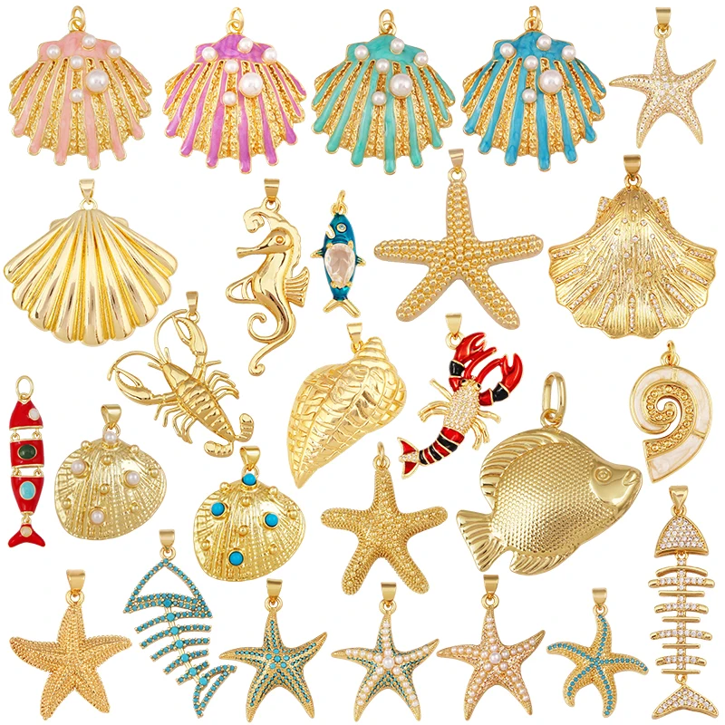 Lobster Conch Fish Bone Starfish Shell Fish Marine Animal Charms Pendants,Jewelry Making DIY Bracelet Necklace Accessories S62