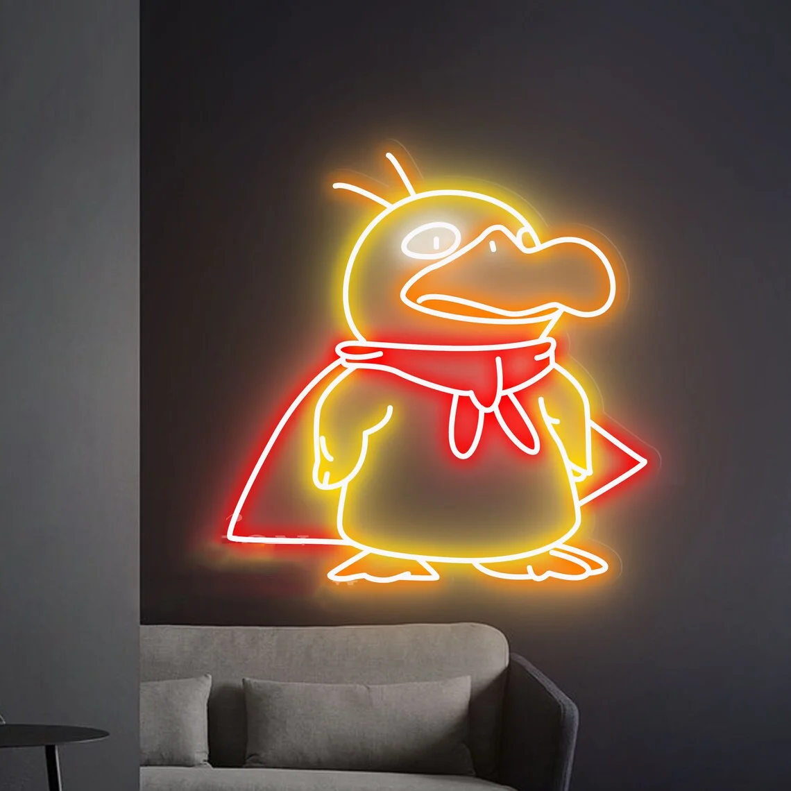 Anime Neon Sign Custom Cartoon Yellow Duck with Cloak Neon Sign Game Room Wall Decor Kid Teen Bedroom Led Sign Personalized Gift