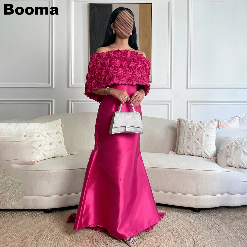 

Booma Mermaid Formal Evening Dresses Boat Neck Rose Flowers Stain Prom Gowns Floor Length Dubai Wedding Party Dresses gala