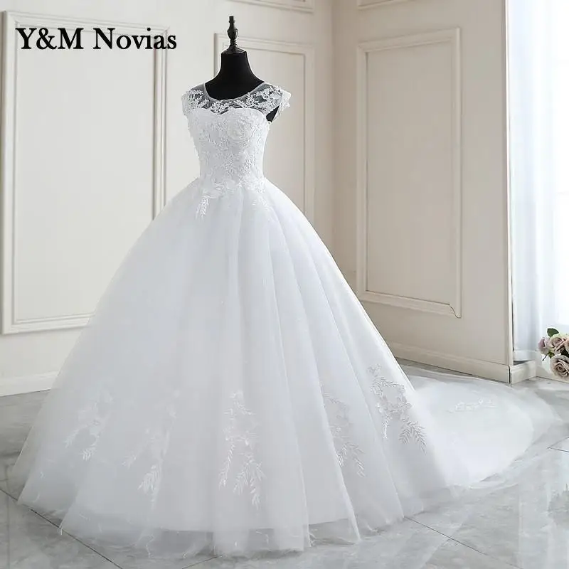 

New Spring Lace Appliques Pearls Wedding Dresses Sleeveless Vestidos De Novia White O-neck Princess Bride Wedding Gown Plus Size