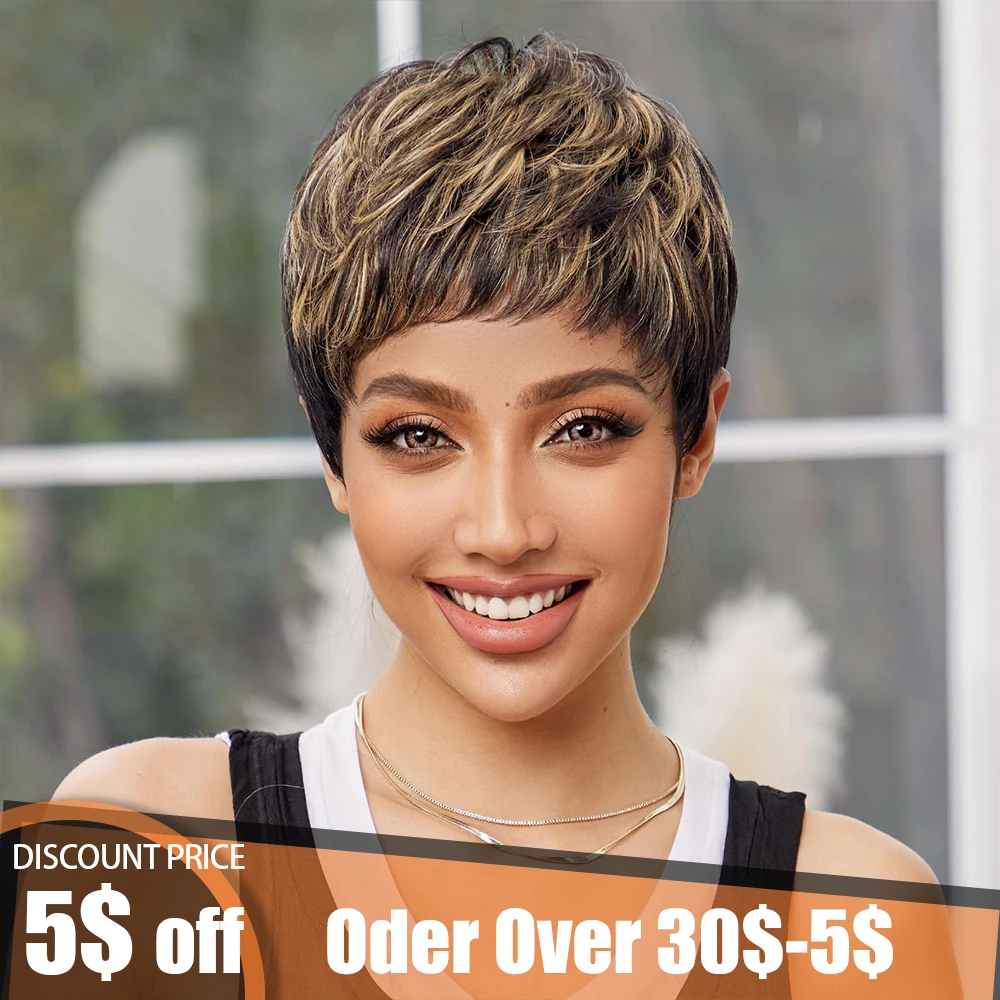 Pixie Cut 100% Human Hair Brazilian Wig for Black Women Short Remy Hair Mixed Black Blonde Human Hair Layered Machine Made Wigs