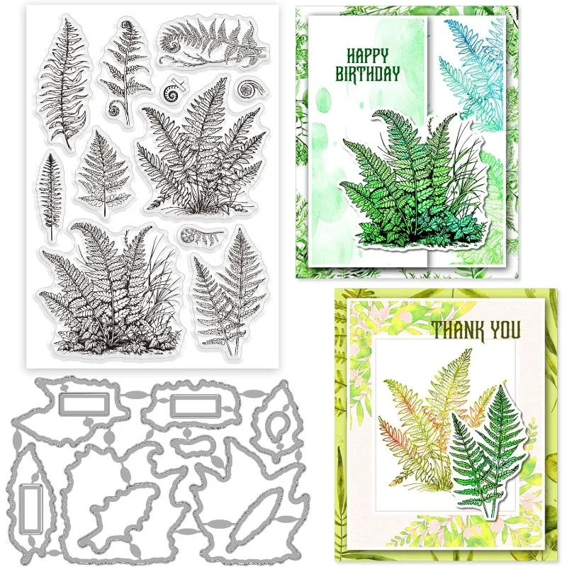 1Bag 2Pcs Fern Clear Stamps and Cutting Dies Silicone Clear Stamps Cards and Metal Die Cuts for Card Making and DIY Embossing