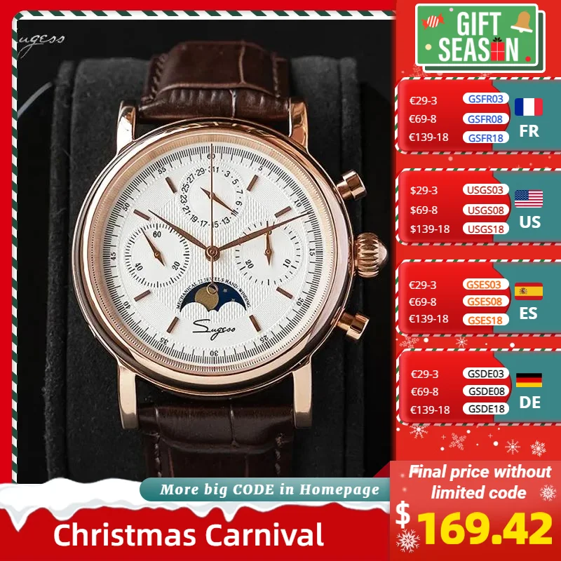 Sugess Mechanical Men Watch Original ST1908 Movement Chronograph Vintage Moonphase Genuine Leather Band Waterproof 50ATM ST19