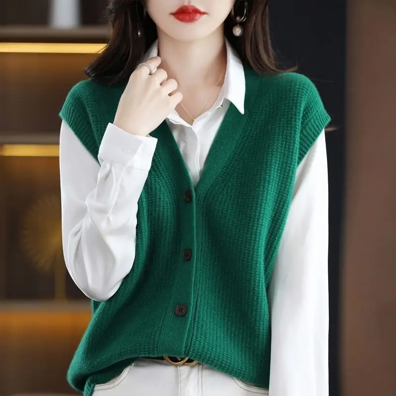 Women\'s 2023 Autumn Winter New V-neck Solid Color Knitted Cardigan Button Korean Loose All Match Sleeveless Sweater Vest Tops