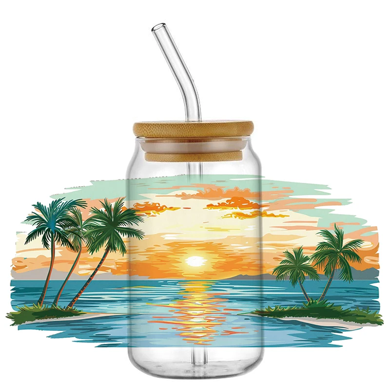 Sunset Sea Decal Washable 3D UV DTF Cup Wrap for 16oz Libbey Glasses DIY Scenery Mug Transfer Sticker