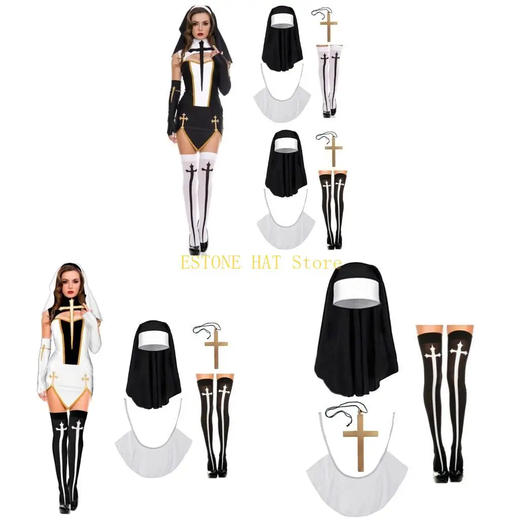 49MF 2/3/4Pcs Nun Costume Set Halloween Nun Accessories Women Girls Cosplay Props