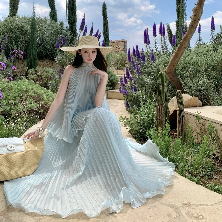 aliexpress blue dress Elegant Sky Pleated Maxi Women 2026 Summer Halter Ruffle Hem Casual Beach Party Long Dress US 2 / UK 2026 NH SPRING SHOP Venetia | Black One-Shoulder Color:Magical Forest