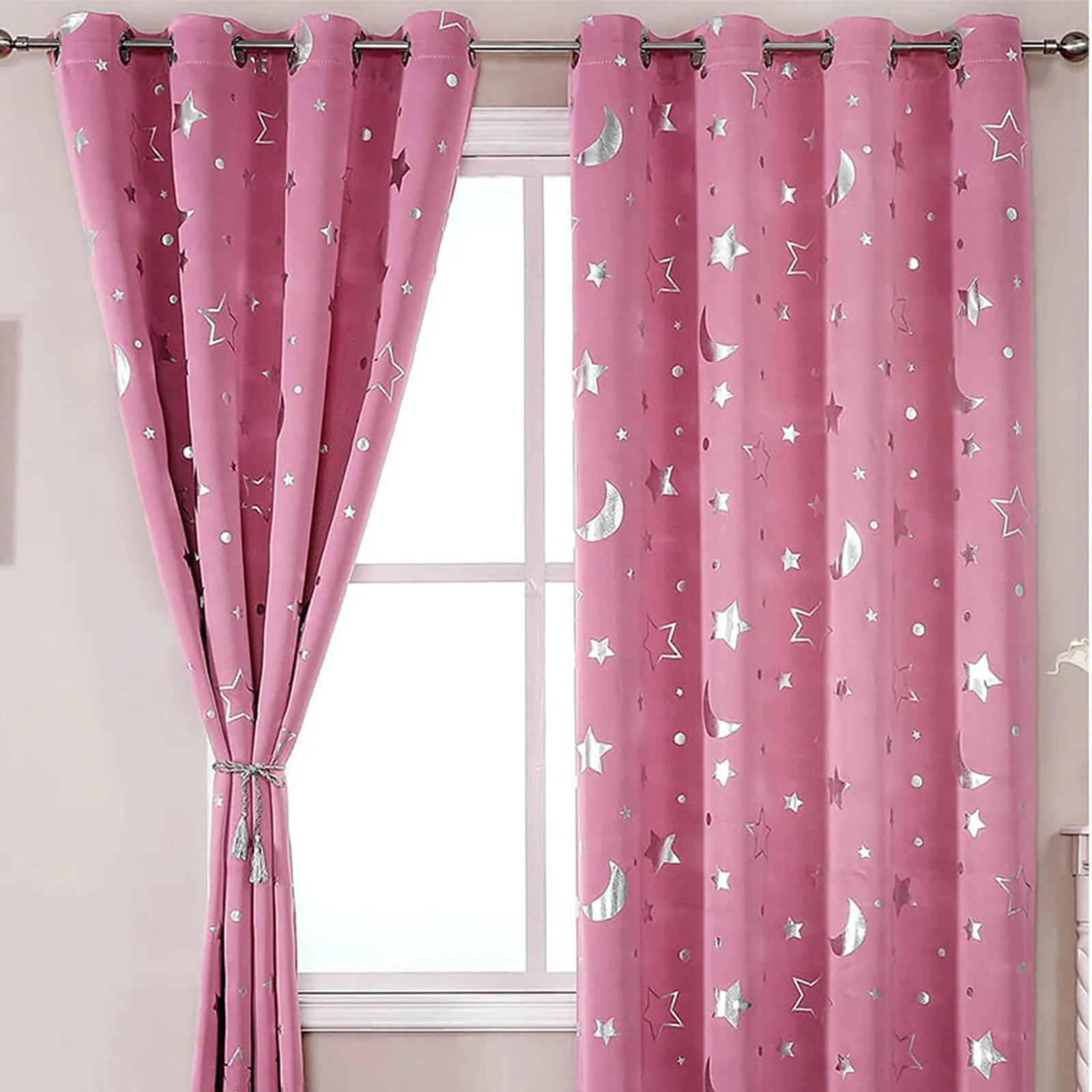 Blackout Kids Curtains for Bedroom Thermal Insulated Silver Twinkle Star Moon Curtains Window Treatment Drapes for Nursery