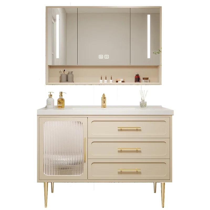 Light Luxury Intelligent Nordic Bathroom Cabinet Modern Simple Bathroom Cabinets Solid Wood Ceramic Gabinete Furniture YX50BC