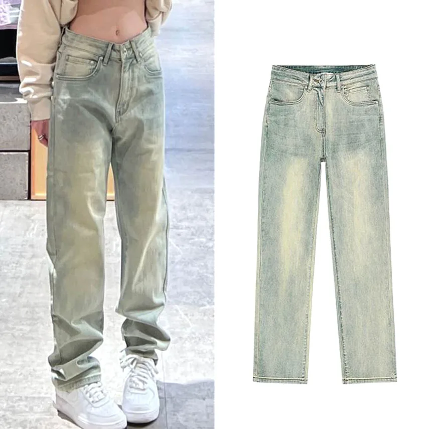 

Американские джинсы в стиле олдскул, окрашенные желтой глиной, свободные прямые брюки, модные джинсы в стиле «папа», повседневная одежда для подростков и молодежи...