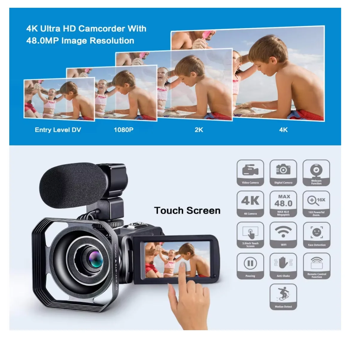 4K Camera, 48MP High-definition Digital Camera, Video Recorder With Microphone and Touch Screen