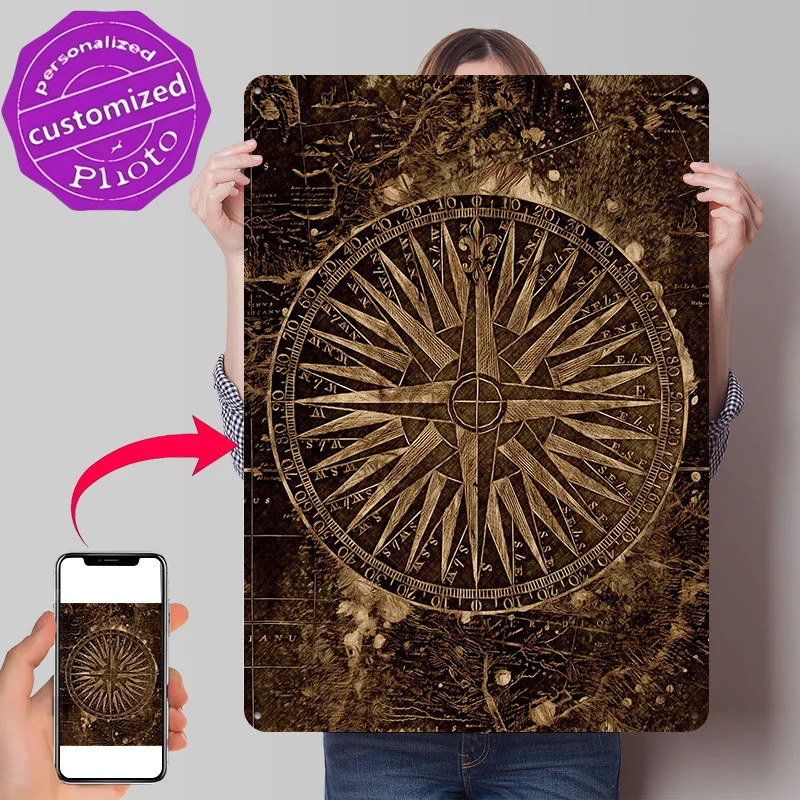 Vintage Compass Rose on Map Background 3D Texture Printed Poster Custom Vintage Metal Tin Plate Sign for Wall Art Wand Deko Home